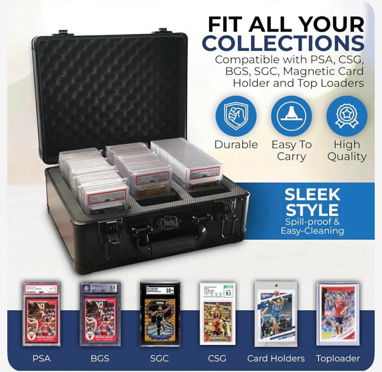 DMND VAULT Graded Card Storage Box 3-Slots Black Carrying Case with Lock and Foam Dividers